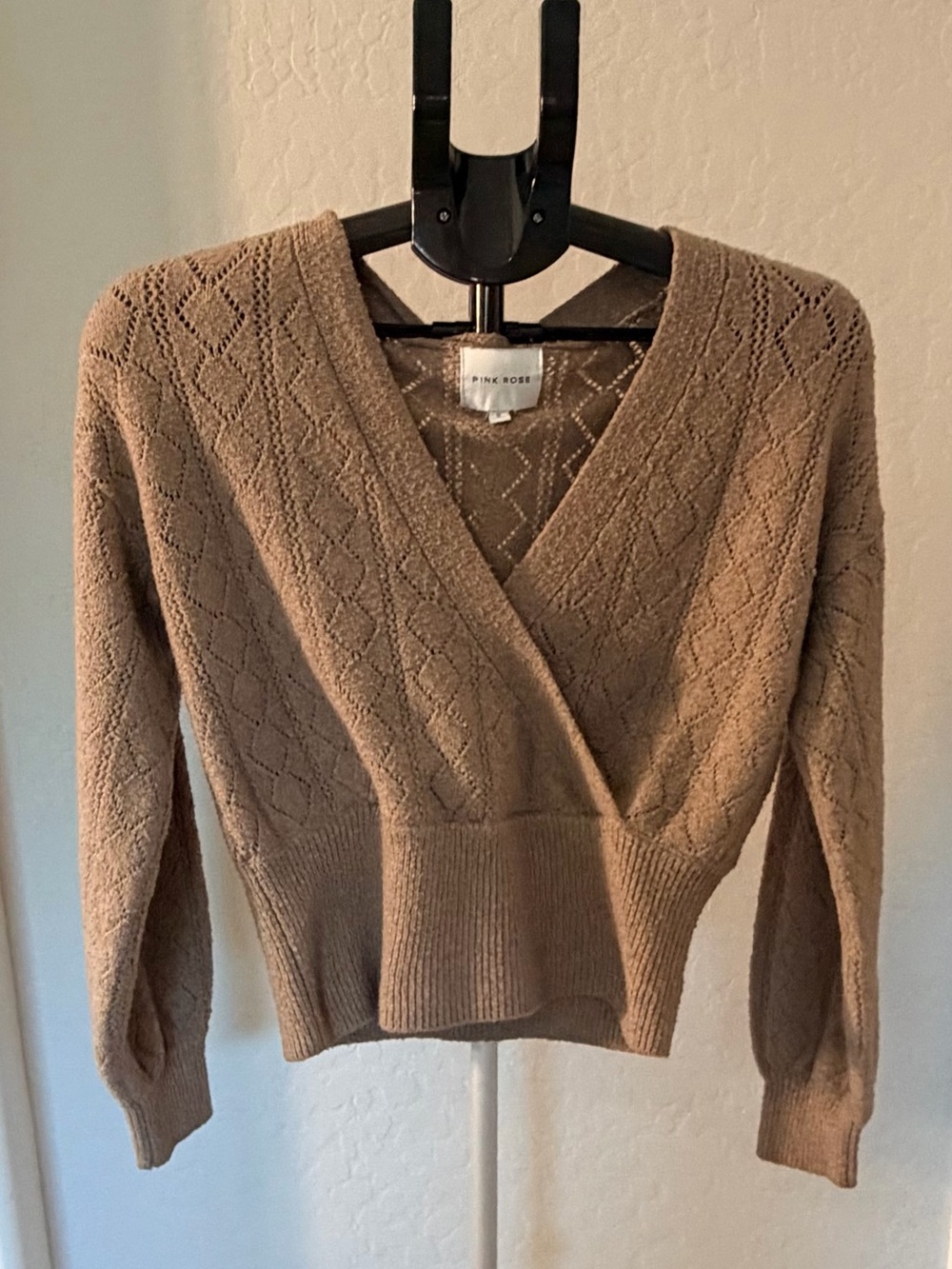 Pink Rose Women's Tan Brown V-Neck Cable Knit Sweater